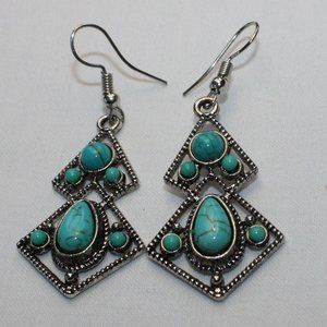 Silver & Turquoise Color Triangular Drop Earrings - Like New